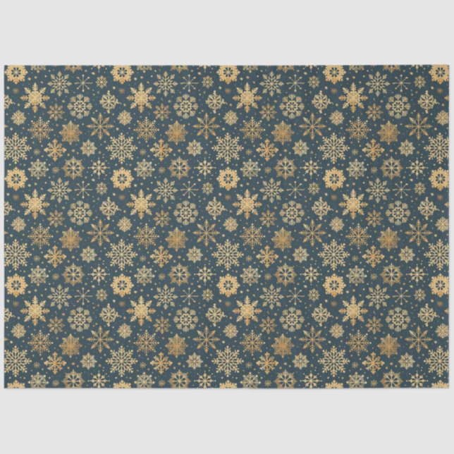 Gold Snowflakes on dark blue Tissue Paper (Front)