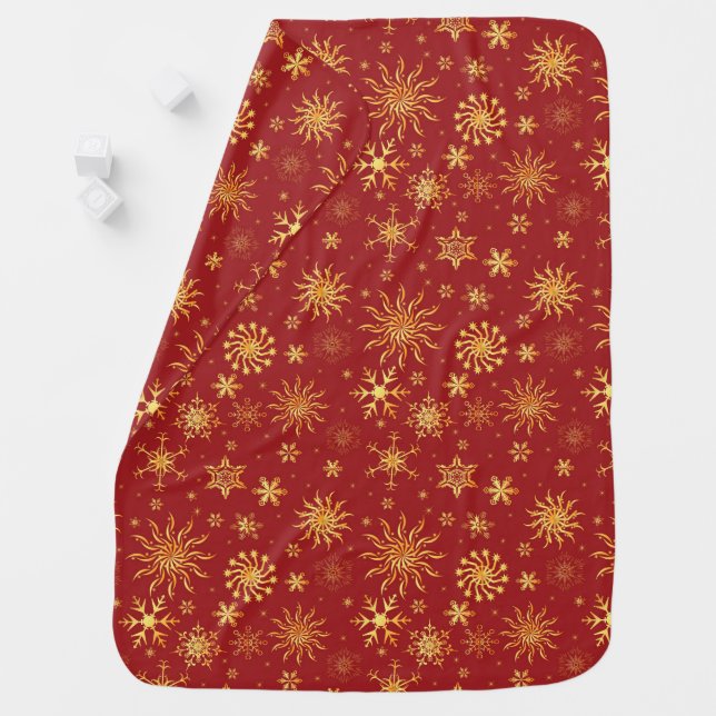 Gold Snowflakes on Dark Red Christmas Baby Blanket (In Situ)