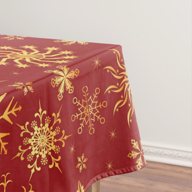 Gold Snowflakes on Dark Red Christmas Tablecloth (In Situ)