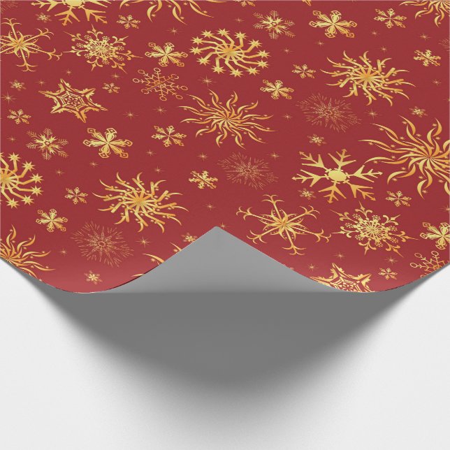 Gold Snowflakes on Dark Red Christmas Wrapping Paper (Corner)