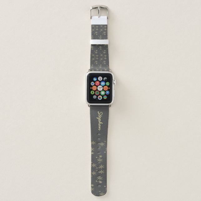 Gold snowflakes on gray apple watch band (Front)