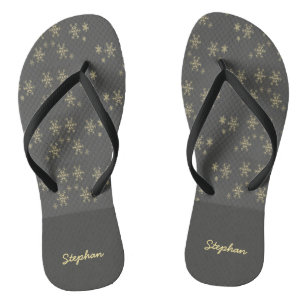 Gold snowflakes on gray flip flops