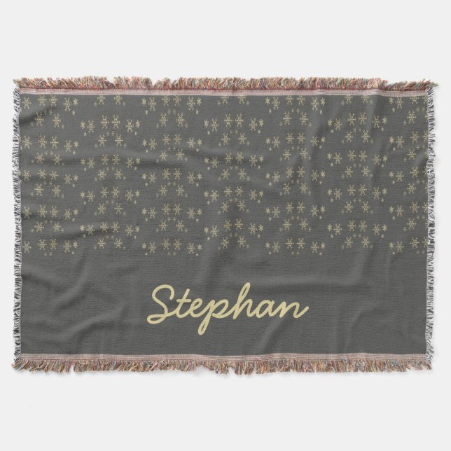 Gold snowflakes on gray throw blanket (Front)