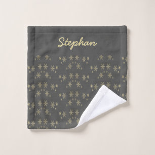 Gold snowflakes on gray wash cloth