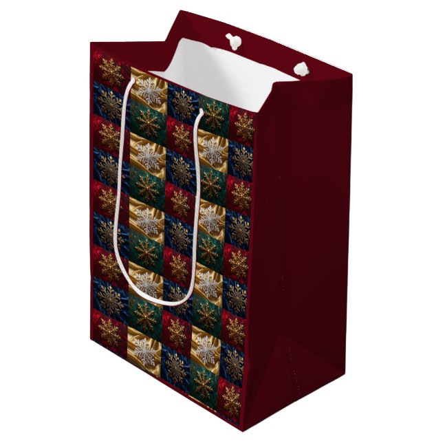 Gold Snowflakes on Image of Velvet Medium Gift Bag (Front Angled)