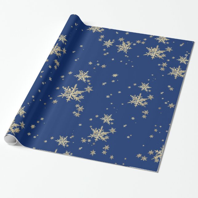 Gold Snowflakes On Navy Blue Wrapping Paper (Unrolled)