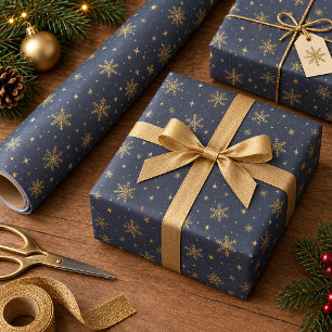 Gold Snowflakes on Optional Navy Blue ID1334 Wrapping Paper