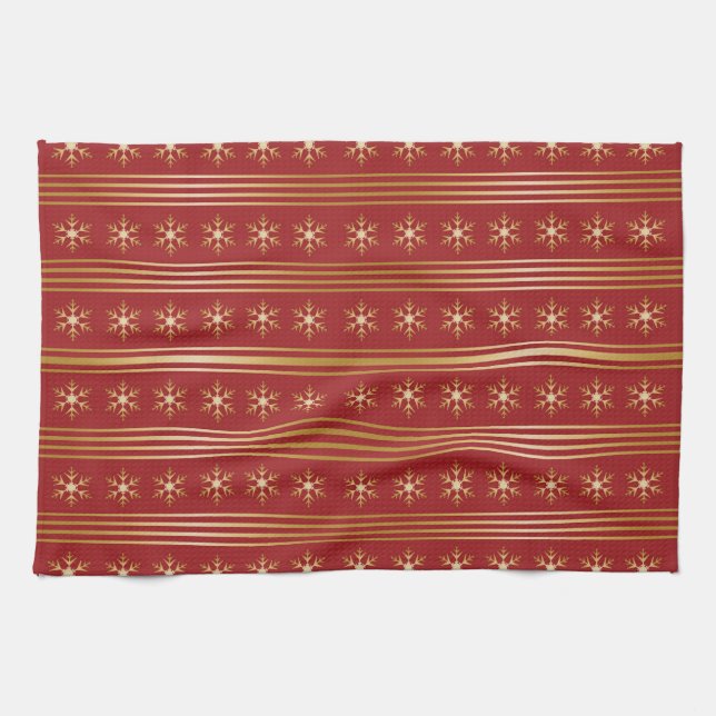 Gold Snowflakes on Red Christmas pattern Kitchen Towel (Horizontal)