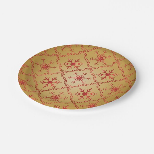 Gold Snowflakes on red pattern Christmas Paper Plates (Angled)