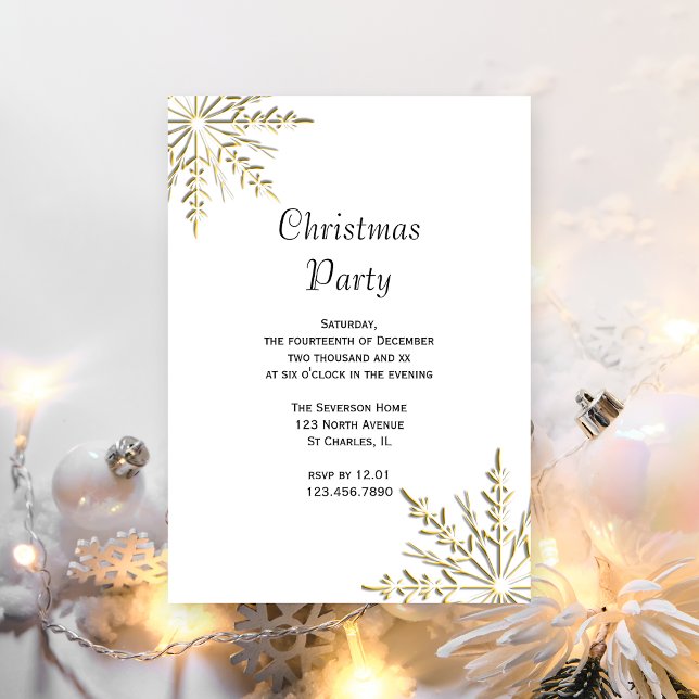 Gold Snowflakes on White Christmas Party Invitation (Creator Uploaded)