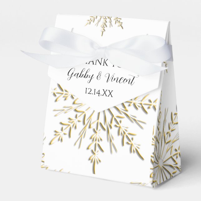 Gold Snowflakes on White Winter Wedding Favor Boxes (Front Side)