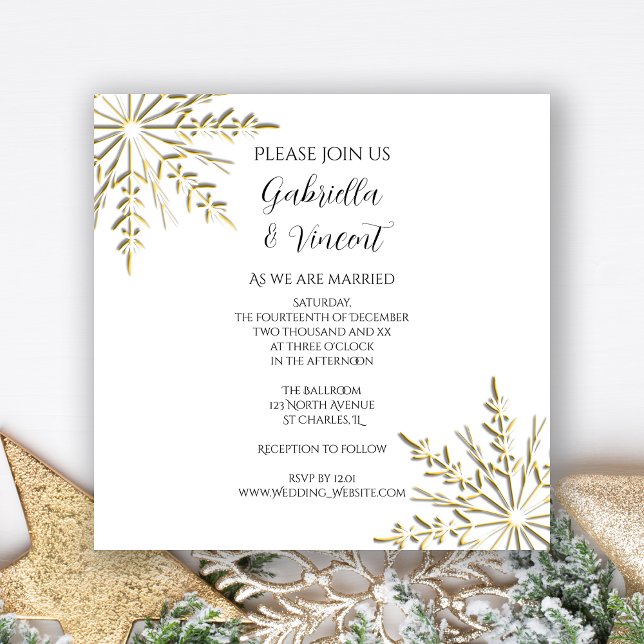 Gold Snowflakes on White Winter Wedding Invitation (Creator Uploaded)