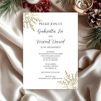Gold Snowflakes on White Winter Wedding Invitation