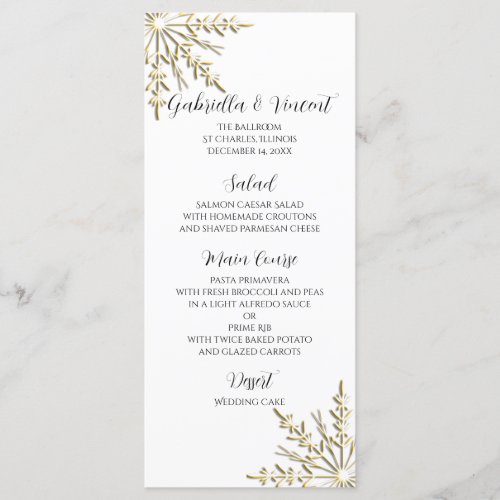 Gold Snowflakes on White Winter Wedding Menu