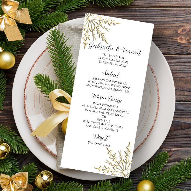 Gold Snowflakes on White Winter Wedding Menu (Creator Uploaded)