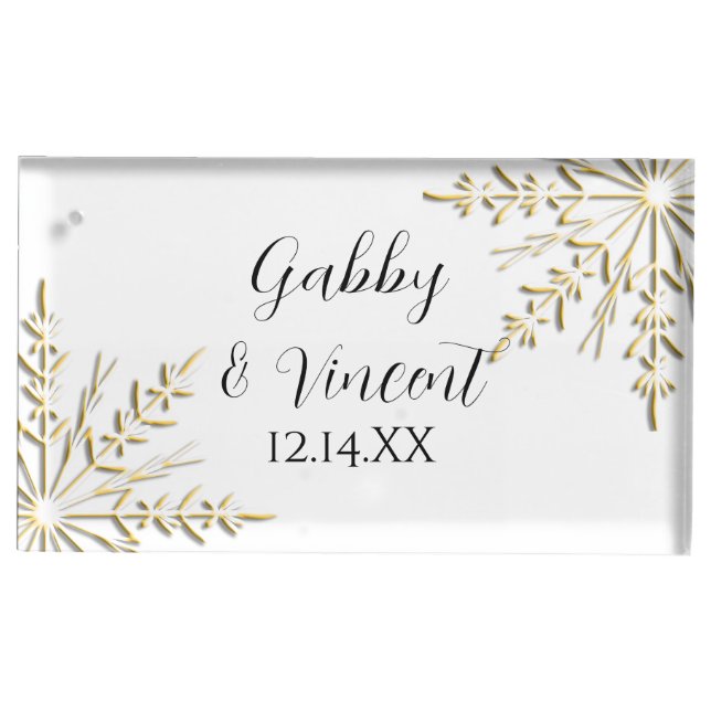 Gold Snowflakes on White Winter Wedding Place Card Holder (Front)