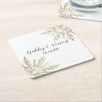 Gold Snowflakes on White Winter Wedding Square Paper Coaster