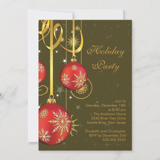 Gold Snowflakes Ornament Holiday Party Invitation (Front)