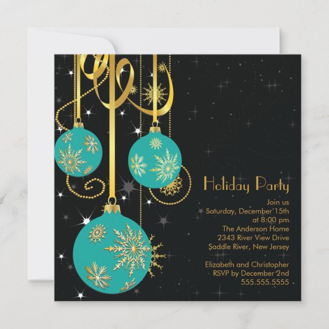 Gold Snowflakes Ornament Holiday Party Invitation (Front)