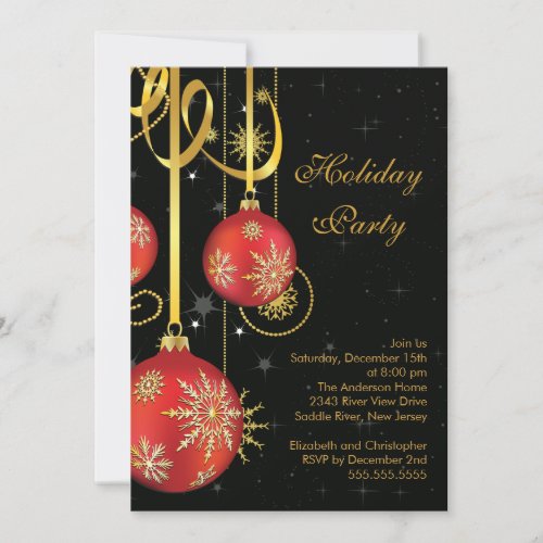 Gold Snowflakes Ornament Holiday Party Invitation