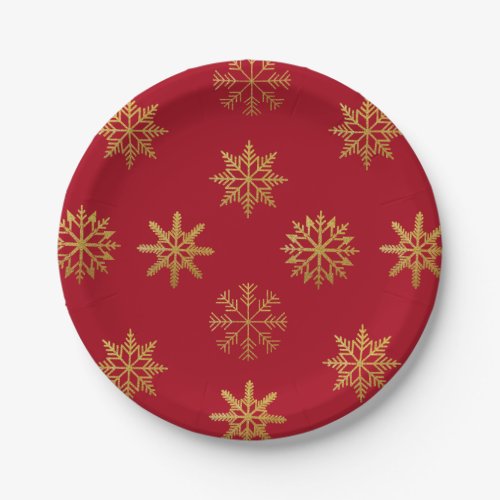 Gold Snowflakes Pattern Red Paper Plate