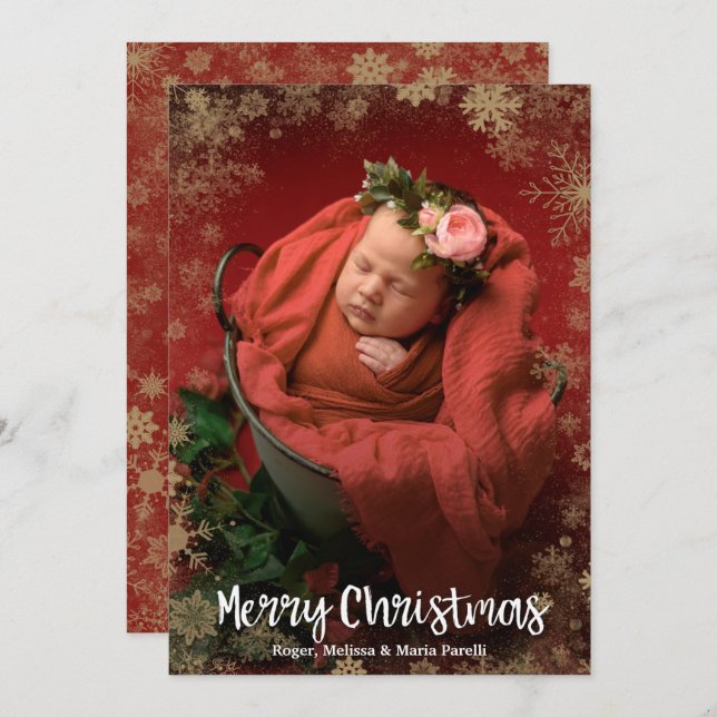 Gold Snowflakes Photo Birth Announcements (Front/Back)