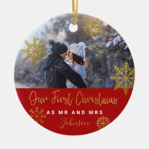 Gold snowflakes photo first Christmas as Mr Mrs Ceramic Ornament