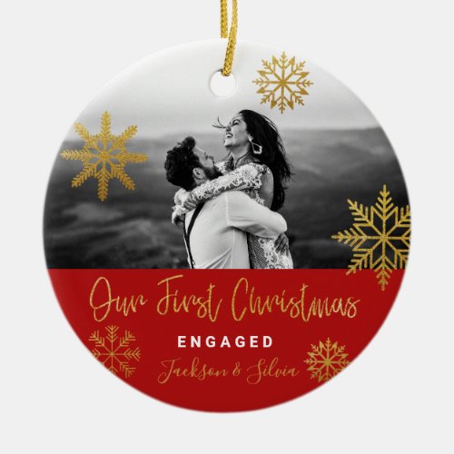 Gold Snowflakes Photo First Christmas Engaged Cera Ceramic Ornament