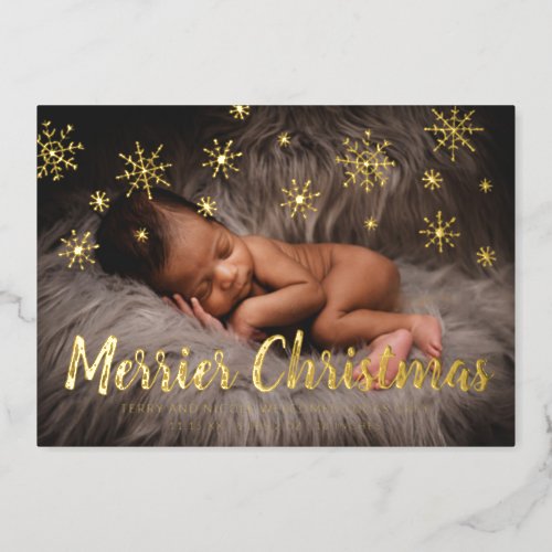 Gold Snowflakes Photo Holiday Birth Announcement