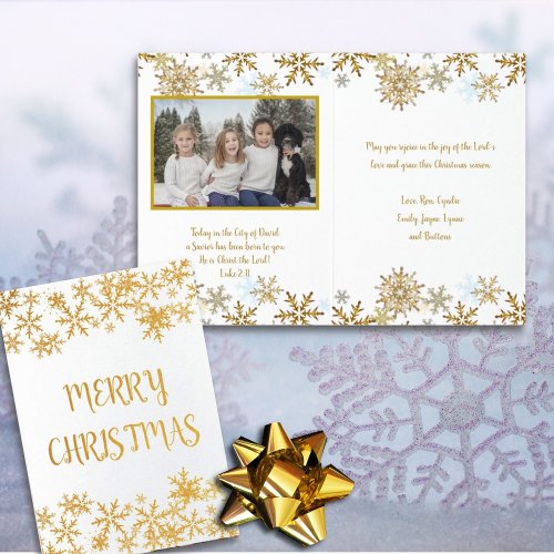 Gold Snowflakes Photo Inside Christian Christmas Foil Card