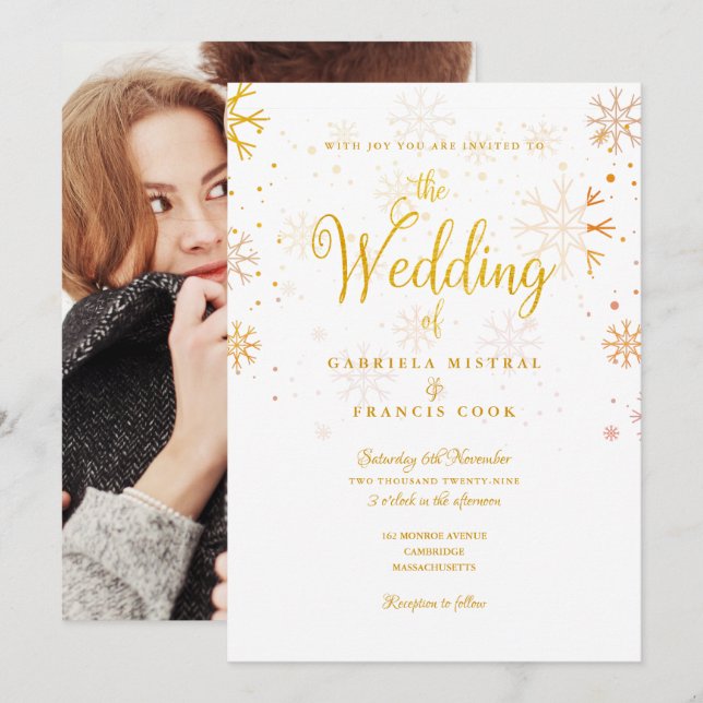 Gold Snowflakes Photo Winter Wedding Invitation (Front/Back)
