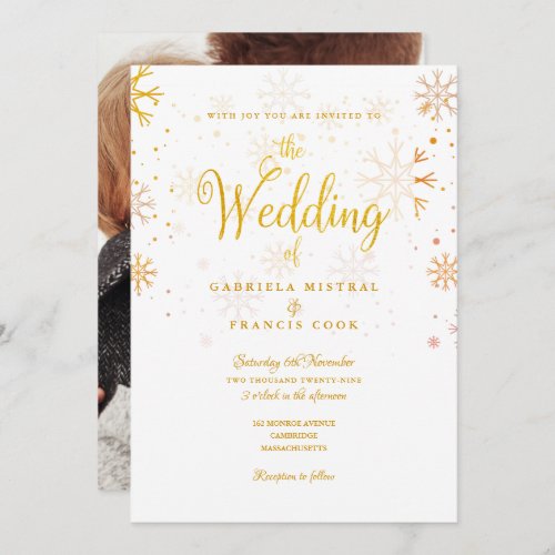 Gold Snowflakes Photo Winter Wedding Invitation