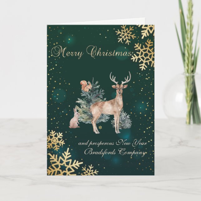 Gold Snowflakes,Pine Tree,Reindeer Holiday Card (Front)