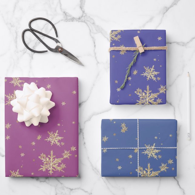 Gold Snowflakes Purple Wrapping Paper Sheets (Front)