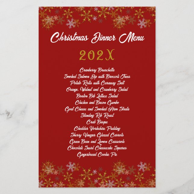Gold Snowflakes Red Christmas Dinner Menu (Front)
