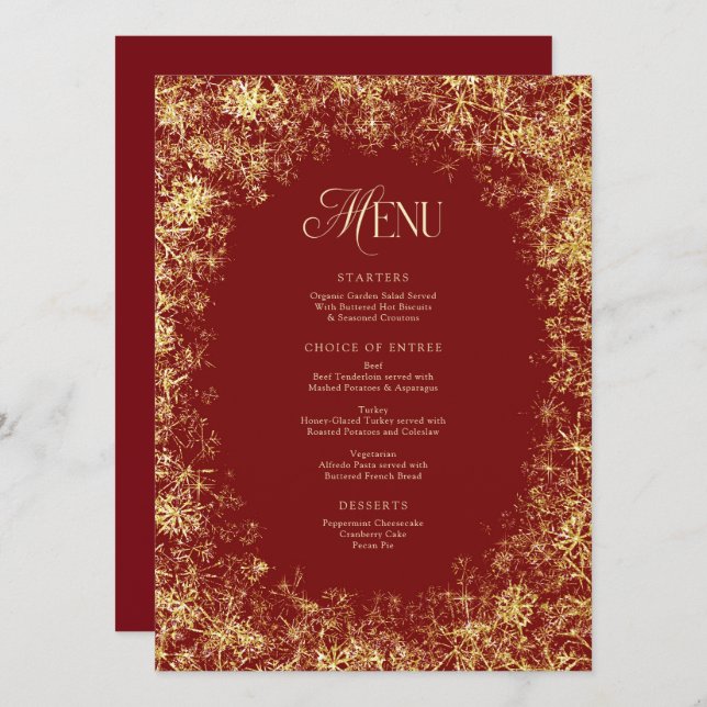 Gold Snowflakes Red Christmas Holiday Dinner Menu (Front/Back)