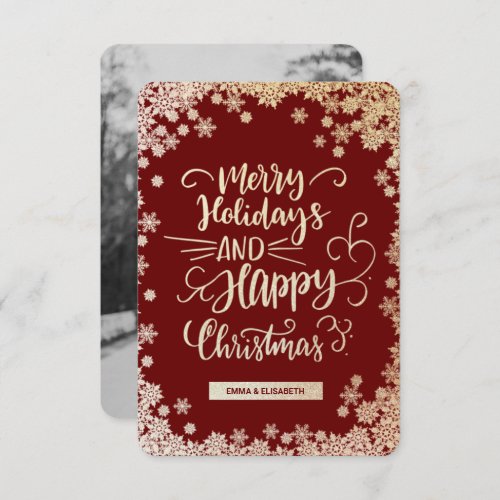 Gold snowflakes red photo Christmas Holiday card