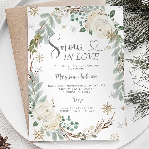 Gold Snowflakes Rustic Snow in love Bridal Shower Invitation