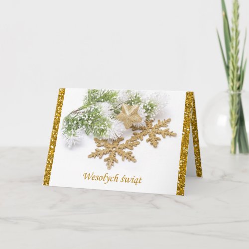 Gold snowflakes spruce Polish Christmas Card