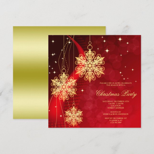 Gold Snowflakes & Stars Decorated Christmas Invitation (Front/Back)