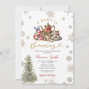 Gold Snowflakes Tea A Baby is Brewing Baby Shower Invitation
