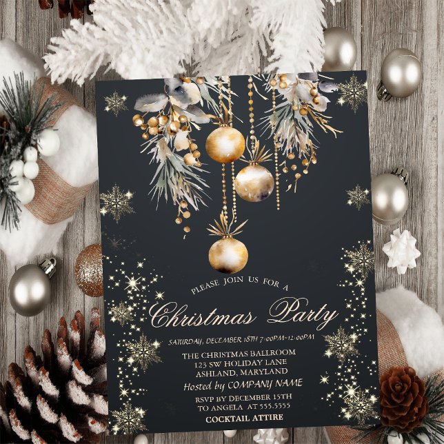 Gold Snowflakes,Vintage Balls Dark Company Party Invitation (Creator Uploaded)