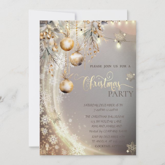 Gold Snowflakes,Vintage Balls,Lights Christmas  Invitation (Front)