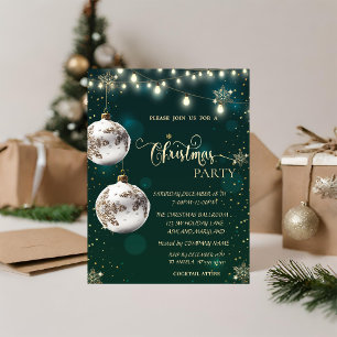 Gold Snowflakes,White Balls,Lights Green Christmas Invitation