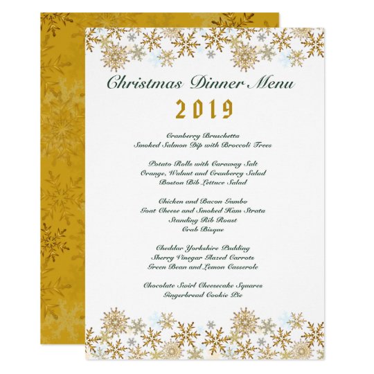 gold snowflakes white christmas dinner menu card zazzle com gold snowflakes white christmas dinner menu card zazzle com