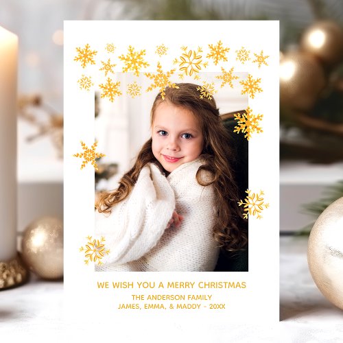 Gold Snowflakes White Christmas Photo Card