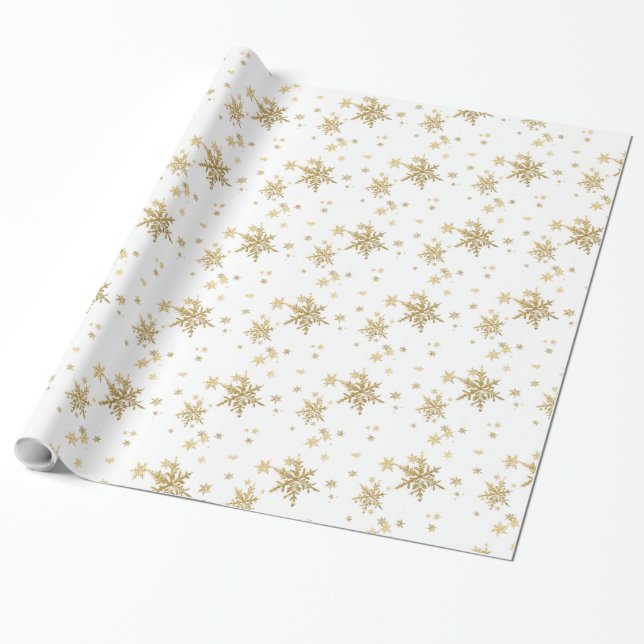 Gold Snowflakes White Wrapping Paper (Unrolled)