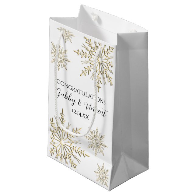 Gold Snowflakes Winter Wedding Congratulations Small Gift Bag (Front Angled)