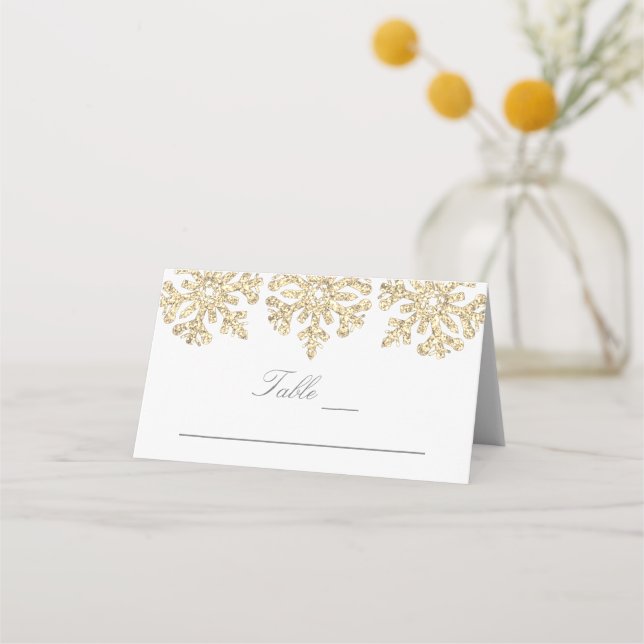 Gold Snowflakes Winter Wedding Place Card (Front)