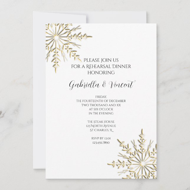 Gold Snowflakes Winter Wedding Rehearsal Dinner Invitation (Front)